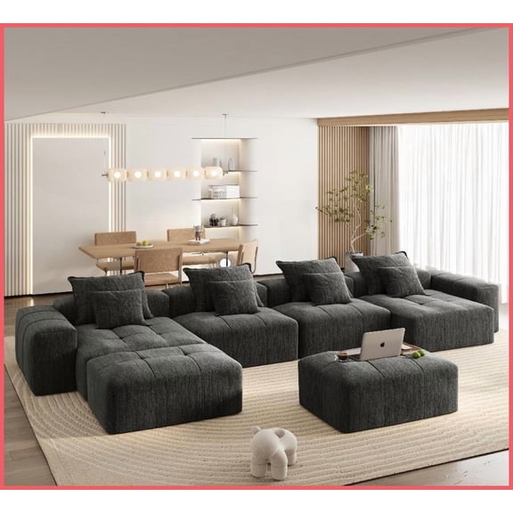 Modern Oversized Modular Sectional Sofa – Sparkling Chenille, 8 PCS DIY, No Assembly, 8 Pillows for Living Room