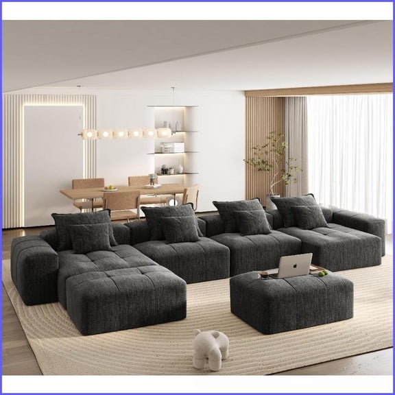 Modern Oversized Modular Sectional Sofa – Sparkling Chenille, 8 Pillows, No Assembly, Black | Foam+Spring, Square Arms