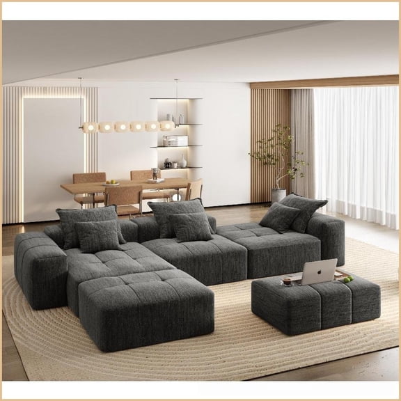 Modern Oversized Modular Sectional Sofa, Sparkling Chenille with 6 Pillows, No Assembly | Foam+Spring Seats | Square Arms, Grey/Beige/Black/Blue