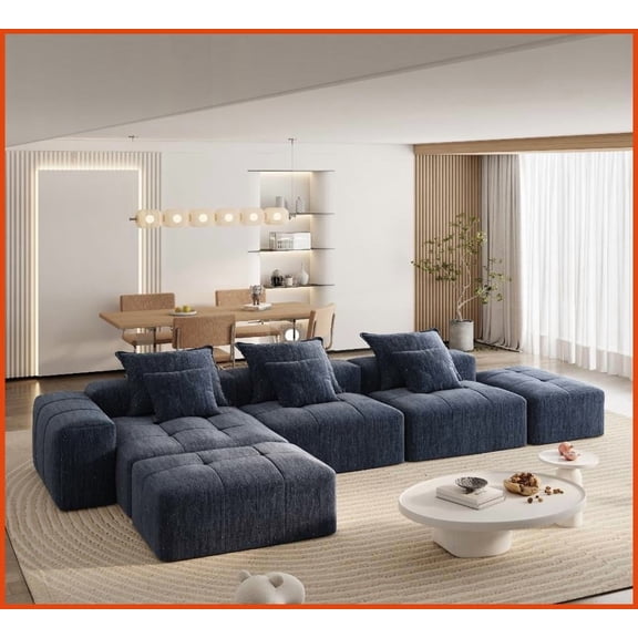 Modern Oversized Sparkling Chenille Modular Sectional Sofa – 6 PCS DIY, No Assembly, Blue for Living Room