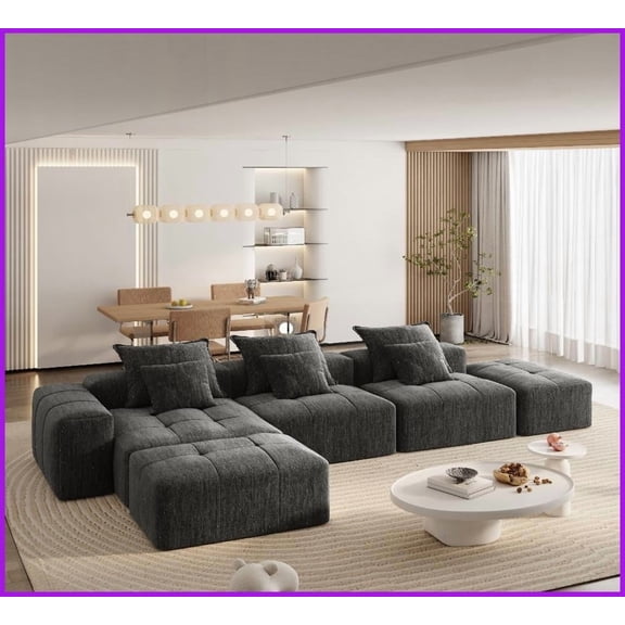 Modern Oversized Sparkling Chenille Modular Sectional Sofa - 6 PCS with 6 Pillows, No Assembly Required, Black
