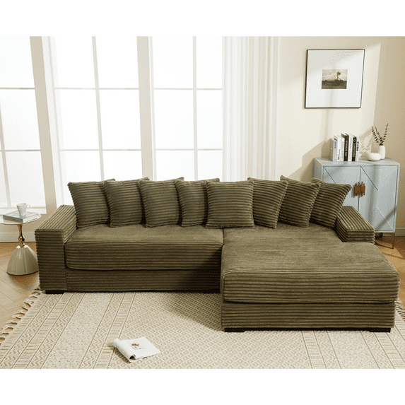 Modern Oversized Two-Piece Couches with Right Chaise Daybed and Corner Sofa, Corduroy L Shaped Sofa with Armrests and Eight Throw Pillows for Living Room, Green