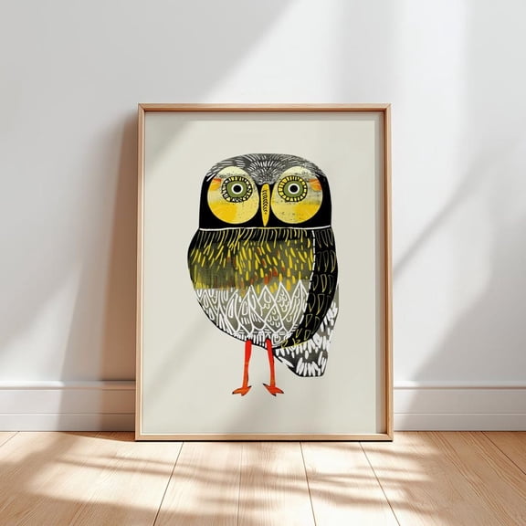 Modern Owl Art Poster: Abstract Yellow Black Bird Illustration, Unframed Poster Size 12x18