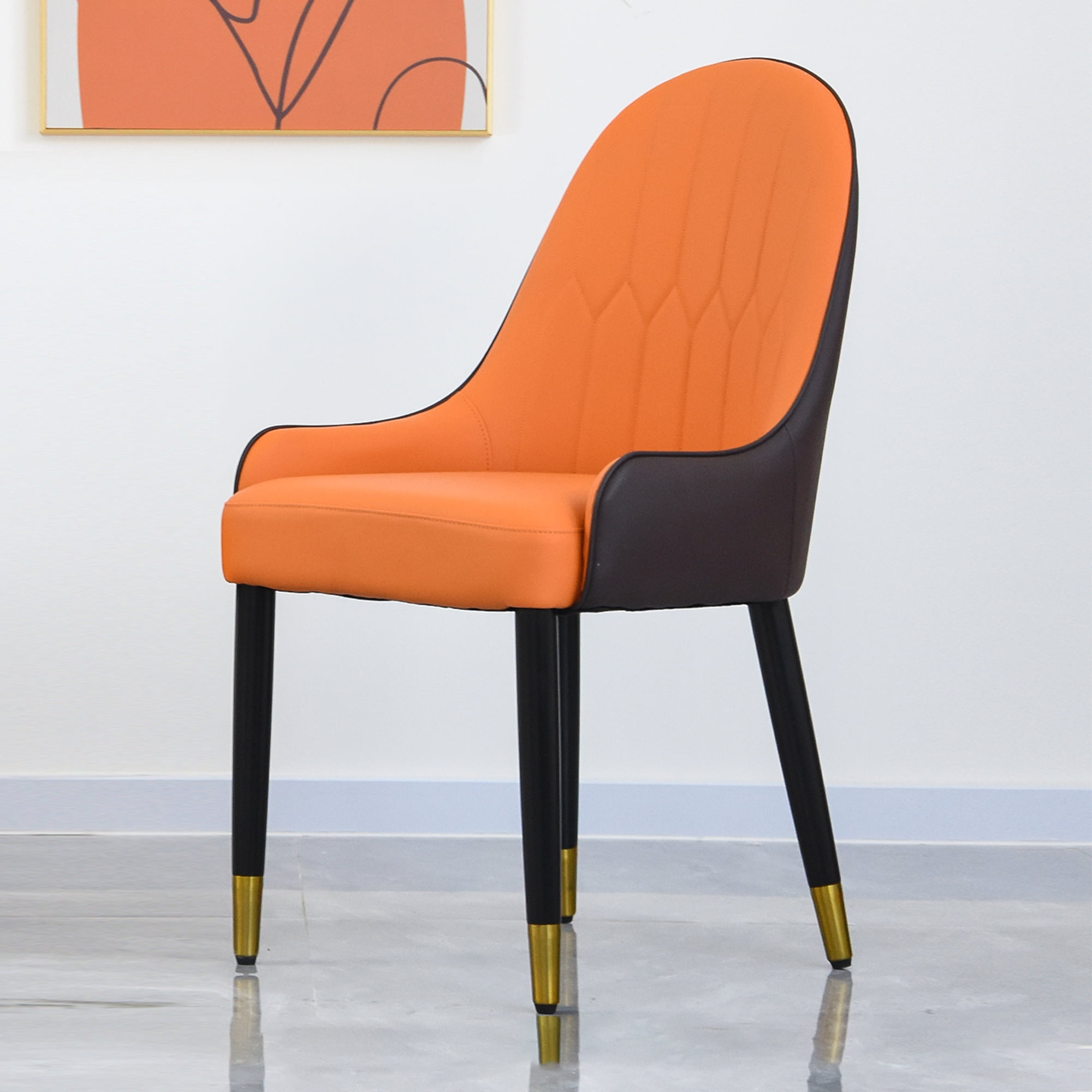 Modern PU Leather Dining Chairs - Set of 2, Orange/Dark Brown, Solid Wood & Metal Legs, Ergonomic Padded Seat, Water/Stain Resistant, Space-Saving Design for Dining Room & Living Room
