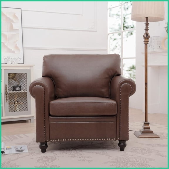 Modern PU Leather 1-Seater Sofa with Silver Nail Trim - Compact for Living Room/Bedroom