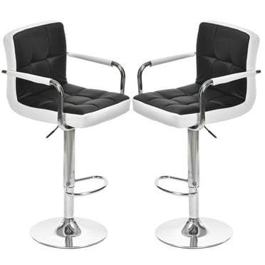 Modern PU Leather 360-Degree Rotating Bar Stools Set of 2, Height Adjustable Bar Stools with Armrest, High Backrest, Foot Rest, Swivel Bar Stools  for Bar, Kitchen, Dining Room, Black+White