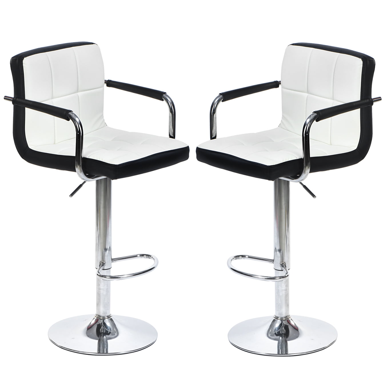 White Adjustable Swivel Leather Bar Stools with Chrome Base, Set of 2