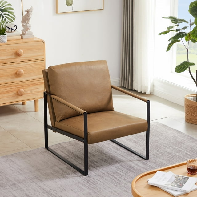 Modern PU Leather Accent Chair Arm Chair with Extra-Thick Padded Backrest and Seat Cushion, Slant Back Sofa Chair with Non-Slip Adsorption Feet and Metal Frame for Living Room Bedroom, Camel