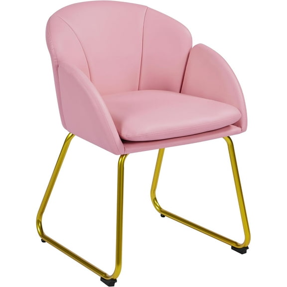 Modern PU Leather Armchair, Flower Shaped Makeup Chair Vanity Chair with Golden Metal Legs for Living Room/Makeup Room/Bedroom/Home Office/Kitchen, Simple Pink