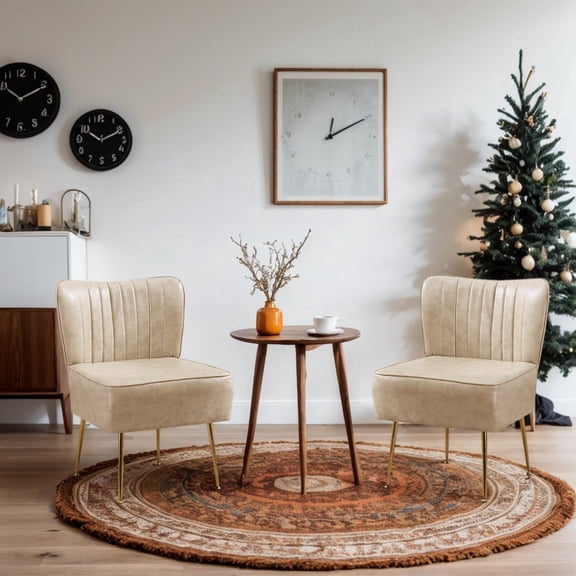 Modern PU Leather Armless Accent Chair,Wingback Slipper Chairs Upholstered Single Sofa with Golden Metal Legs,Small Side Corner Chair for Living Room,Bedroom,Guest Room,Ivory
