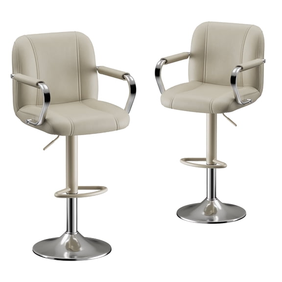 AFO Modern PU Leather Bar Stool Set of 2 with Backrest and Armrests, Height Adjustable 360° Swivel Counter Chair, Beige