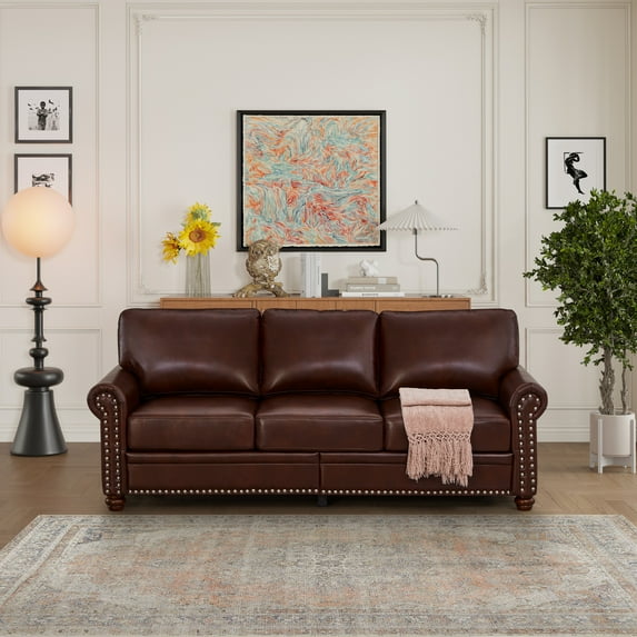PU Leather 3 Seater Sofa with Nailhead Trim, Classic Storage Couch with Brown Wooden Legs and Thick Cushion, Burgundy Faux Leather Sofa for Living Room, Office, Apartment