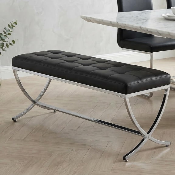 Modern PU Leather Dining Bench, Button Tufted Ottoman Bench with X-Shape Chrome Finish Upholstered End of Bed Bench Comfy Entryway Bench for Bedroom Kitchen, Black
