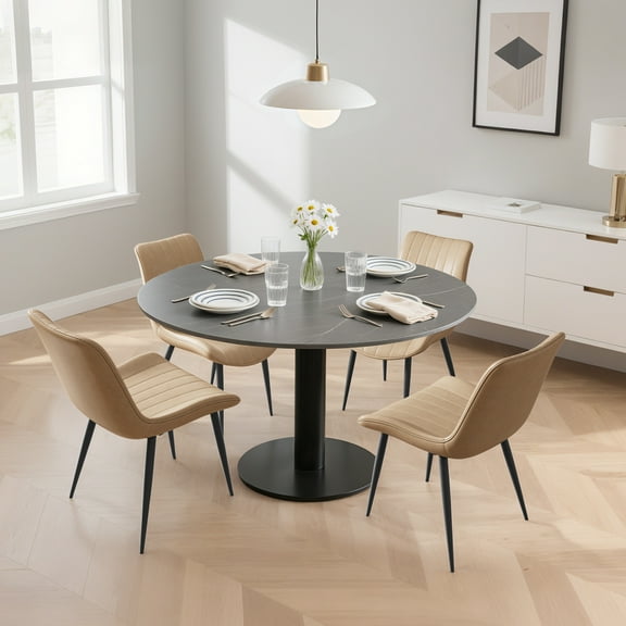 Modern PU Leather Dining Chair Set of 4, Comfy Upholstered Kitchen Chairs with  Metal Legs and Backrest, Armless Chair Set for Kitchen, Restaurant, Living, Meeting Room, khaki