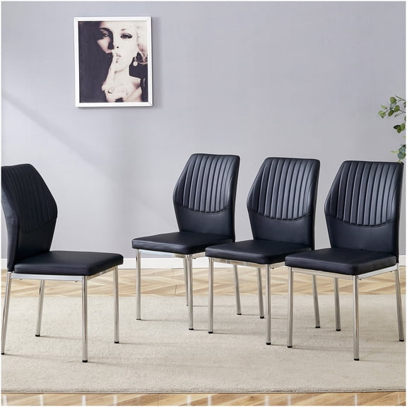 Modern PU Leather Dining Chairs Set of 4 - Black with Silver Metal Legs, Vertical Stripe Design High Back Ergonomic Kitchen Side Chairs