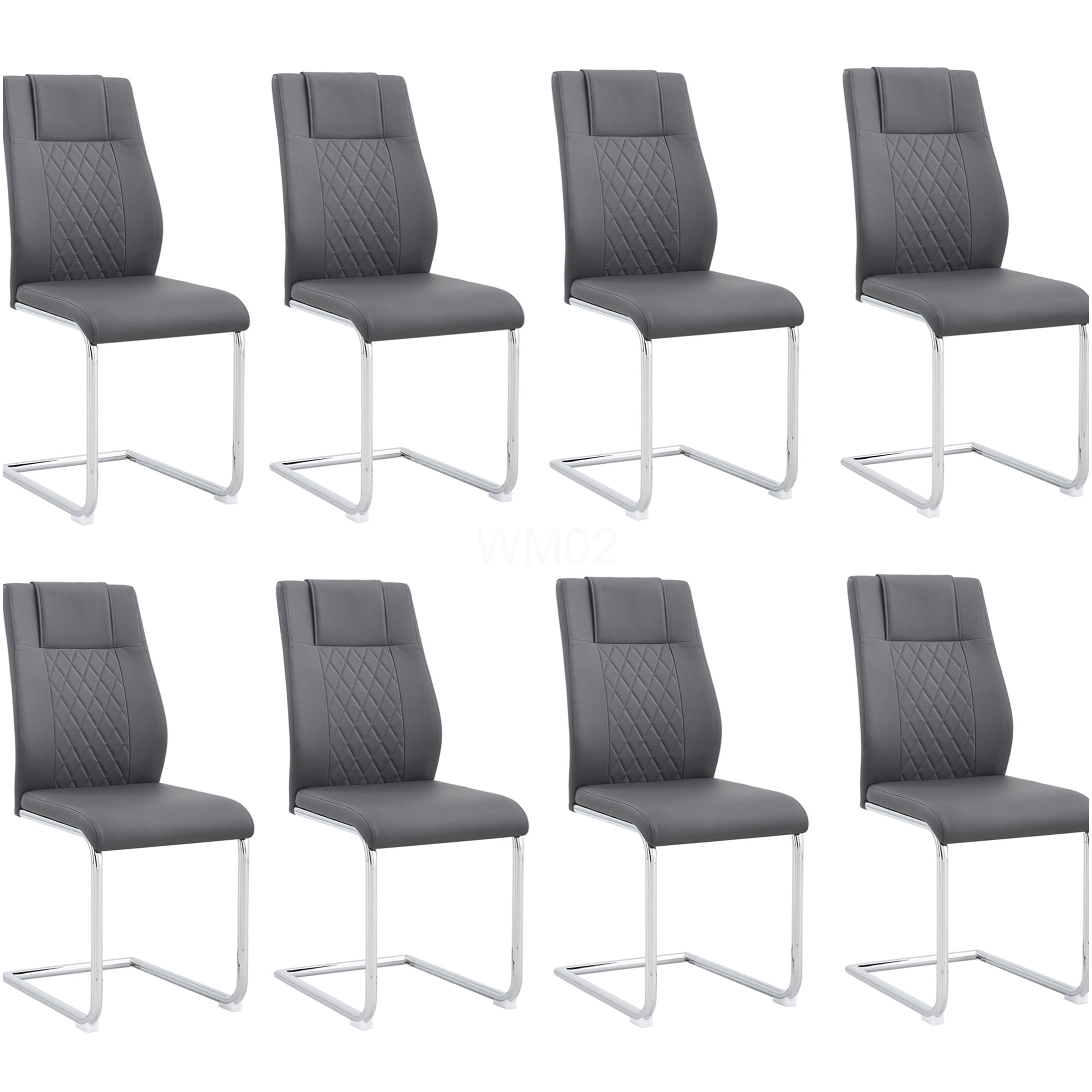 Modern PU Leather Dining Chairs Set of 8, Grey Upholstered Side Chairs with Padded Seat and Sturdy Metal Legs for Kitchen Dining Room