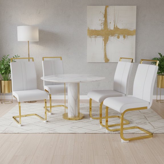 CasaGlajore Luxury Faux Leather Dining Chair, Set of 4 Gold Chromed C Shaped Chairs, Cantilever Dining Chairs with Stainless Steel