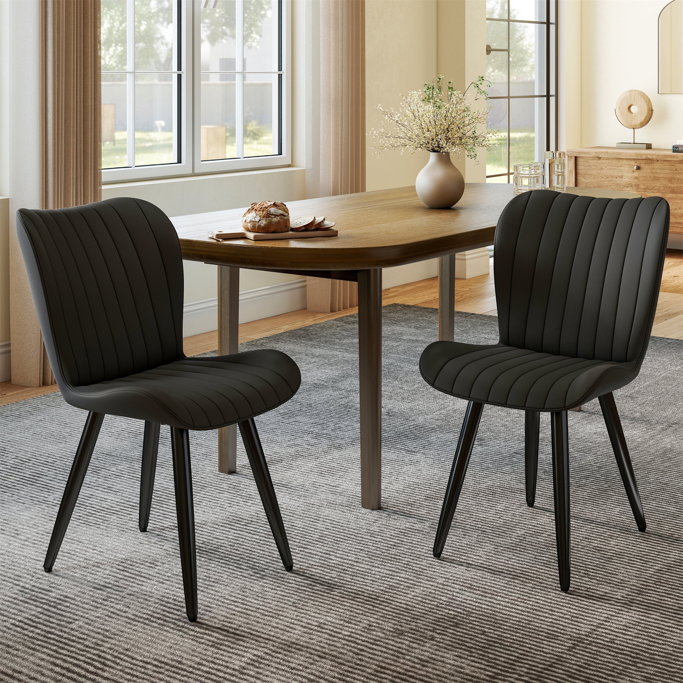 Modern PU Leather Dining Chairs with Thick Cushion & Metal Legs, Set of 2, Black
