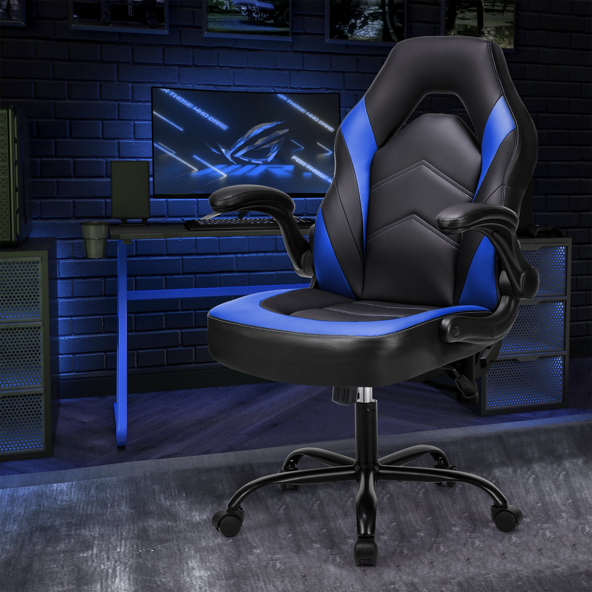 Modern PU Leather Gaming Chair Adjustable Height Computer Chair with 360 Swivel Wheels and Flip Up Armrests Ergonomic Office Chair with Lumbar
