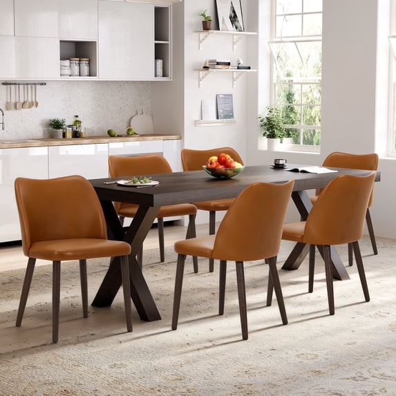 Modern PU Leather Side Chairs with Cushioned Seat and Wooden Legs , Upholstered Dining Room Chairs Set of 6 for Kitchen, Café or Restaurant – Lightbrown