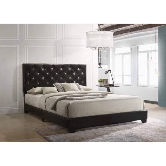 Modern PU Leather Upholstered Platform Bed Frame with Tall Padded Headboard, Tufted Panel Headboard, Strong Wooden Slat Mattress Support System, No Box Spring Needed, Easy assembly