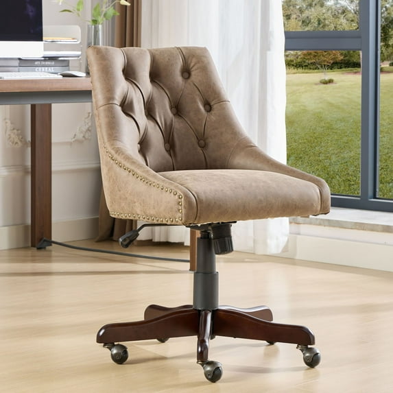 Modern PU Leather Upholstered Tufted Button Office Chair with Golden Metal Base Adjustable Desk Chair for Home or Office