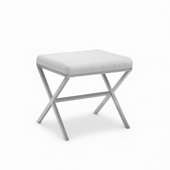 Modern PU Leather Vanity Stool with Metal X Frame, Rectangular Makeup Seating for Dressing Table, Bedroom, Living Room, Bathroom - White