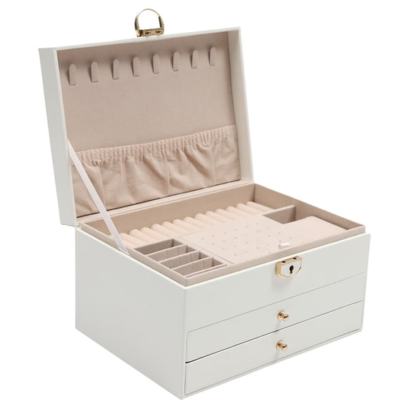 Modern PU Leather Watch Box Case Jewelry Ring Display Organizer Drawer 3 Layers W/ Lock Black, White,Green