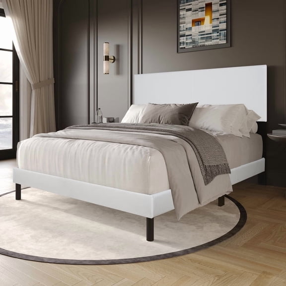 Modern PU Platform Bed Frame with Headboard Natural Wood Slat Base Modern Style, Contemporary, for Bedroom