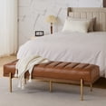 thumbnail image 1 of Modern PU Upholstered Bench with Channel Tufting, Metal Base, Brown+Gold, 1 of 9