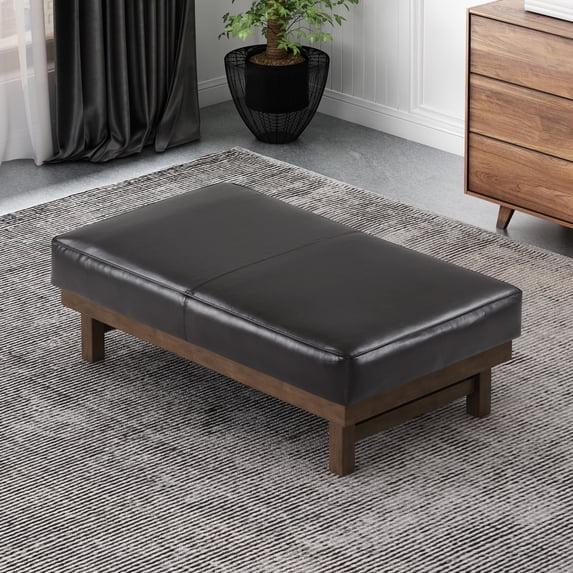 Modern PU Upholstered Cocktail Ottoman with Rubber Wood Legs, Brown