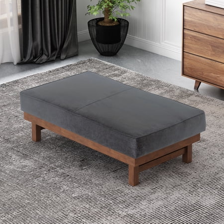 Modern PU Upholstered Cocktail Ottoman with Rubber Wood Legs, Dark Gray