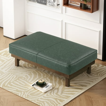 Modern PU Upholstered Cocktail Ottoman with Rubber Wood Legs, Green