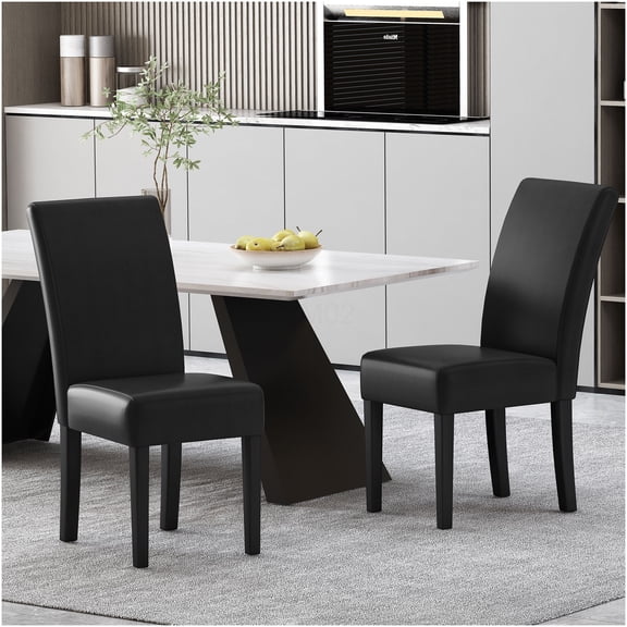 Modern PU Upholstered Dining Chairs Set of 2, Black Contemporary Kitchen Side Chairs with Rubberwood Legs