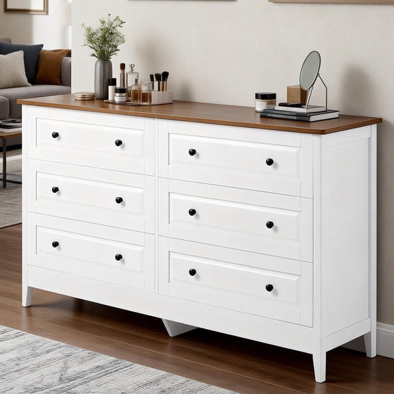 Modern Painted Solid Wood 6 Drawer Chest 54.1 Inch Chest of Drawers for Bedroom Living Room Entryway Ample Storage Easy Assembly Stylish White