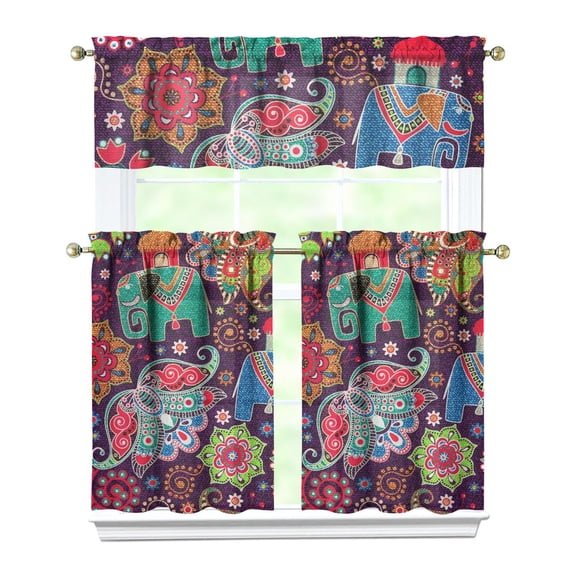 Modern Paisley Design Kitchen Curtains Set - Retro Floral Pattern, Colorful Geometric, Rod Pocket Tier Curtains