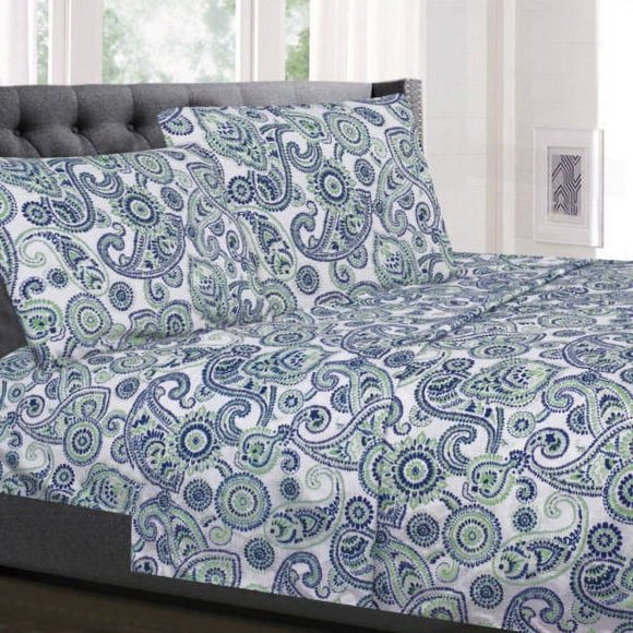 Modern Paisley Printed Blue/Green 4-Piece 1500 Supreme Collection Sheet Set Full
