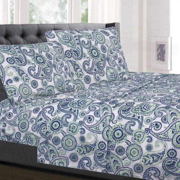 Modern Paisley Printed Blue/Green 4-Piece 1500 Supreme Collection Sheet Set Full