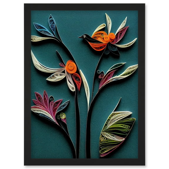 Modern Paper Quilling Bird on Exotic Flower Plant Leaves Blue Orange Teal Artwork Framed Wall Art Print A4