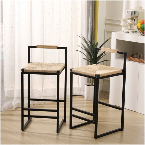 Modern Paper Rope Bar Stools with Backs, Set of 2 - Natural Woven Counter Height Chairs for Kitchen Island, Metal Frame