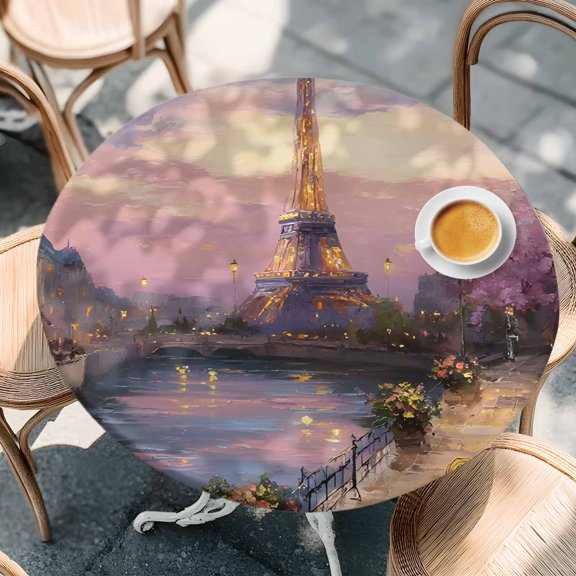 Modern Paris Riverfront View Round Fitted Tablecloth with Elastic Edge,Waterproof Table Cloth Fits 55"-60"Tables,Wipeable Table Cover for Indoor Outdoor Dinning Party,Oil Painting Impressionist Art
