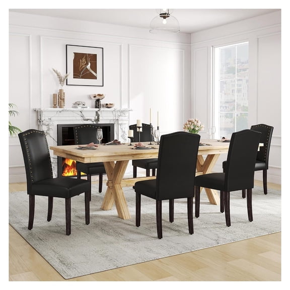 Modern Parsons Dining Chairs Set of 6 Black PU Leather Upholstered with Bronze Nailhead Trim and Solid Wood Legs Ergonomic Dining Room Seating for Home and Office