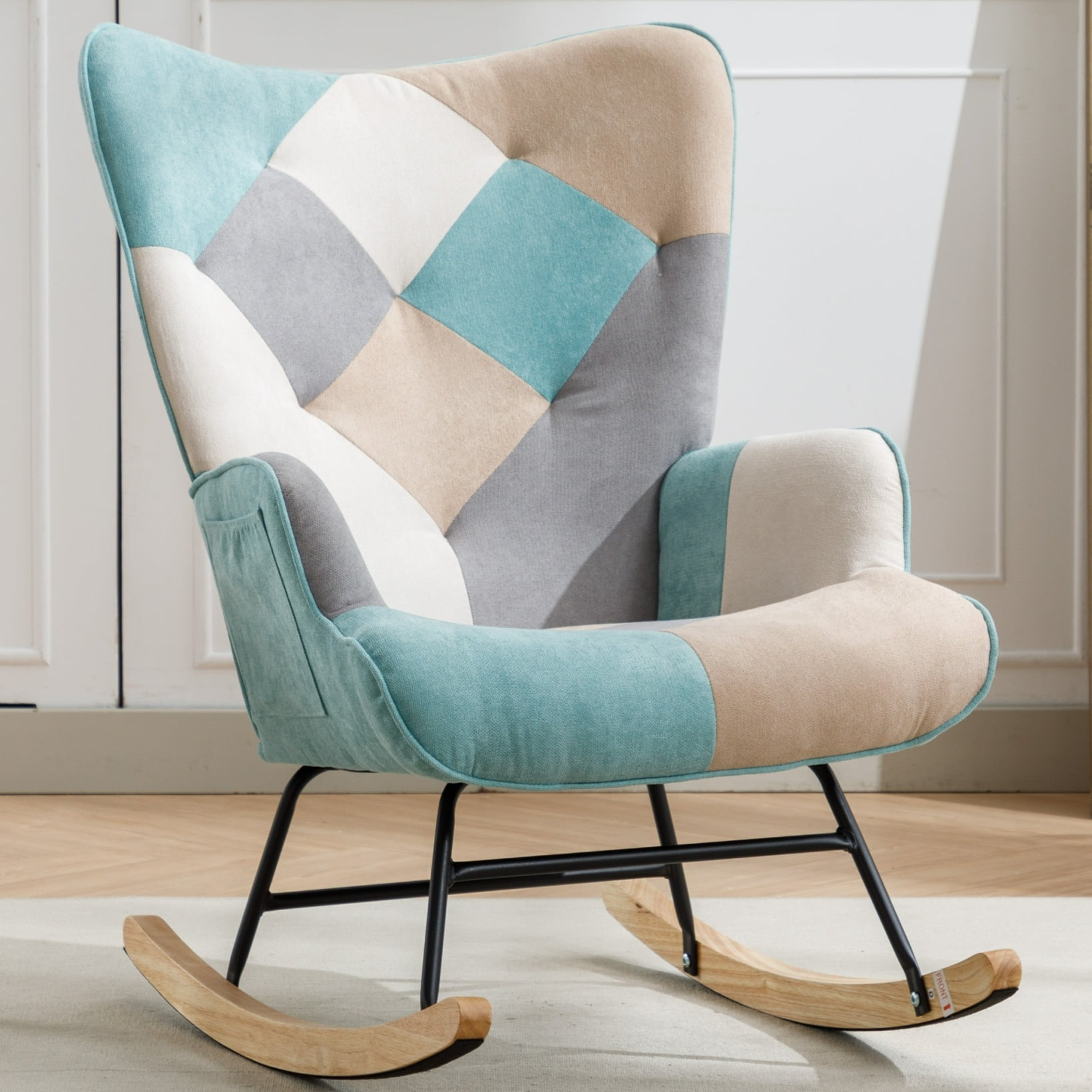 Modern Patchwork Nursery Rocking Chair, Cotton Linen Accent Chair with ...