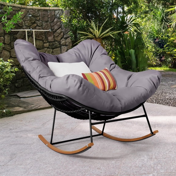Modern Patio Egg Chair, Oversized Papasan Rocking Chair for Outside Porch Balcony Indoor (Gray)