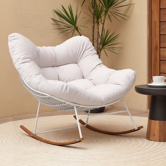 Modern Patio Egg Chair, Oversized Papasan Rocking Chair for Outside Porch Balcony Indoor (White)