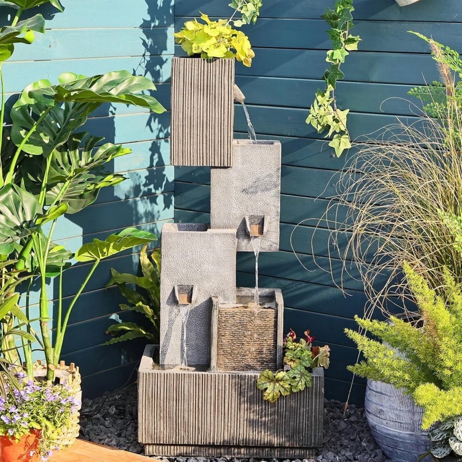 Modern Patio Fountain 4-Tier Outdoor Water Fountain Garden Water Feature Planter with LED Lights for Garden, Patio, Backyard, Deck, Porch and Home Art Decor