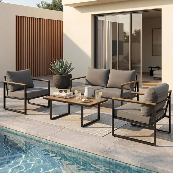 Modern Patio Furniture Set, 4 Pieces Outdoor Conversation Set with Coffee Table, Metal Patio Furniture with 4" Washable Foam Cushions, Ships in 1 Box, Gray