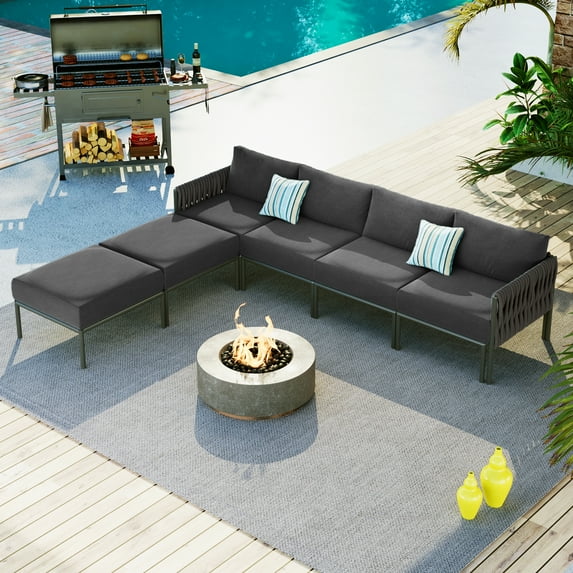 Modern Patio Furniture Set, 6 Pieces Porch Conversation Sets With Removable 5.9" Thick Cushion, Padded Sectional Sofa Outdoor Conversation Seating Group
