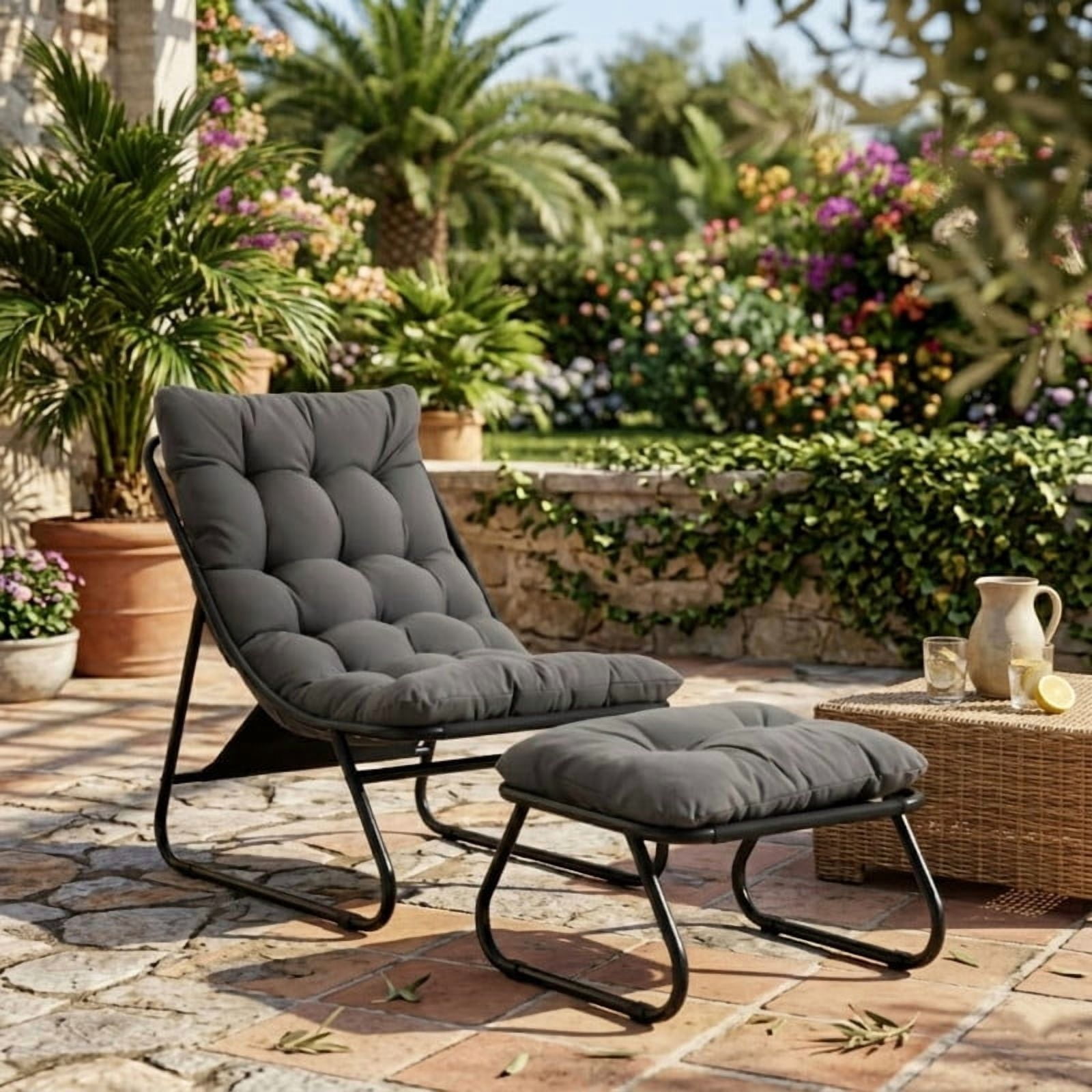 Modern Patio Lounge Chair with Ottoman, Comfy Sling Recliner Chair with Puffy Cushion and Foot Stool for Indoor Outdoor Living Room