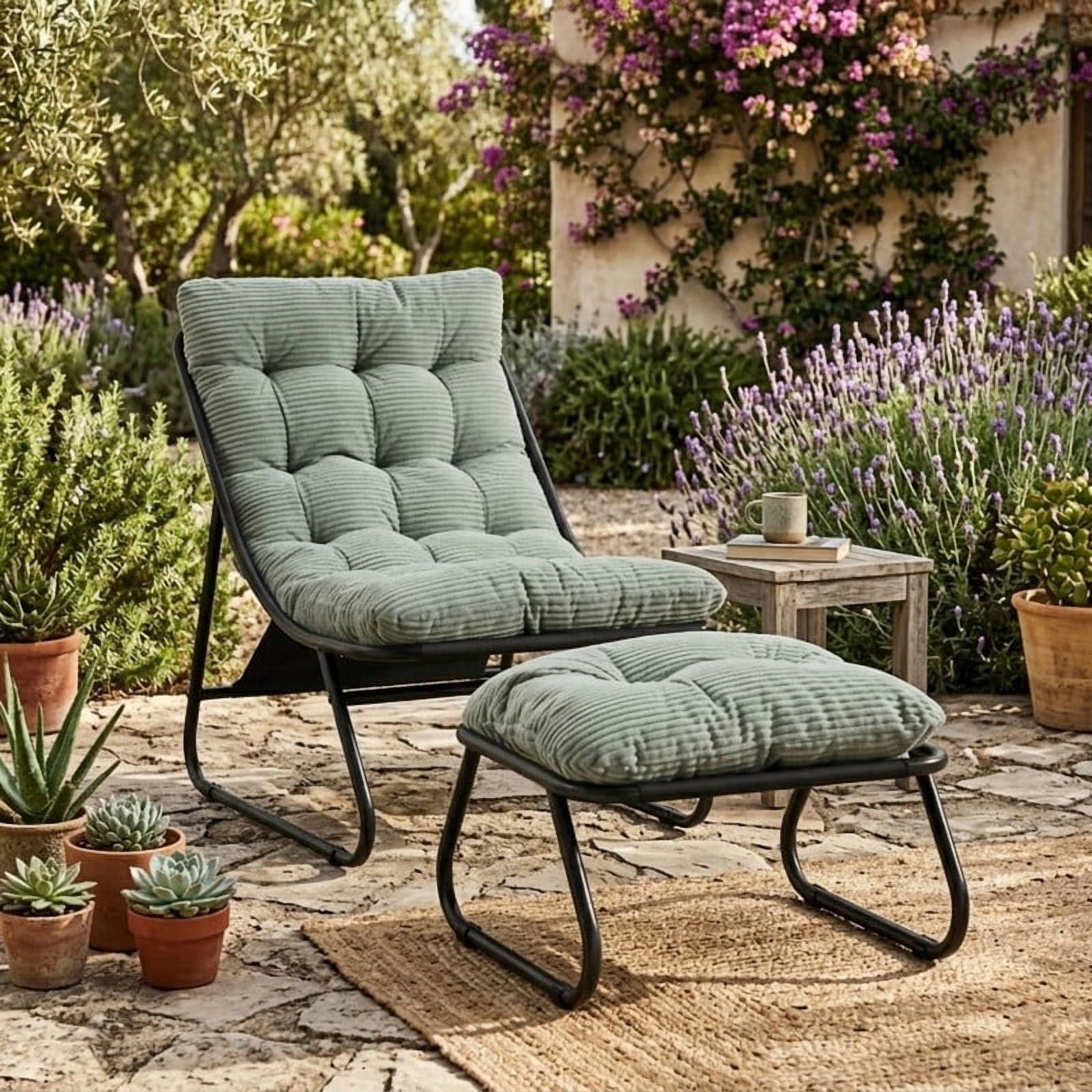 Modern Patio Lounge Chair with Ottoman, Comfy Sling Recliner Chair with Puffy Cushion and Foot Stool for Indoor Outdoor Living Room
